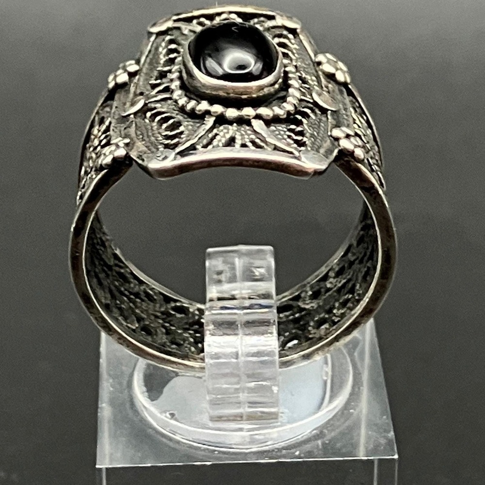 Sterling Silver Filigree Statement Ring Black Cabochon Cannetille Size 9 - Picture 5 of 9